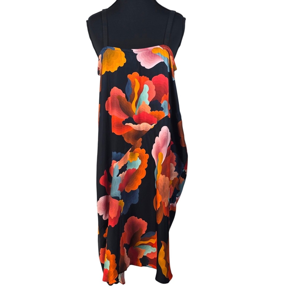 Farm Rio for Anthropologie Floral Midi Slip Dress Black Orange Woman XL Viscose